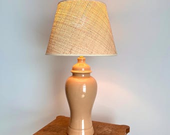 Restored Mocha Brown Ginger Jar Lamp with Raffia Shade