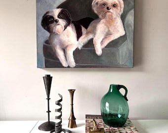 Origineel portretschilderij shih-tzu-honden op afgewerkt canvas, vintage acrylschilderij