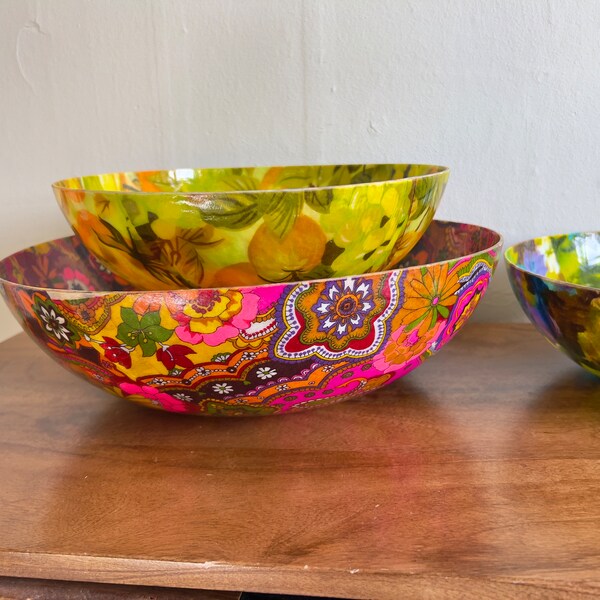 1970s FAB Fabric Bowls, Vintage, Retro, Snack Bowls, Mixing Bowls, Groovy Floral