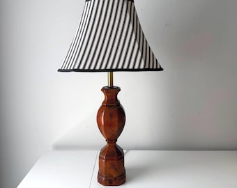 Turned Baluster Wood Table Lamp with Striped Linen Shade – Rewired, Restored