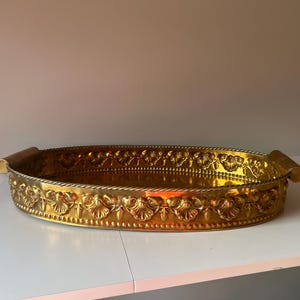 Brass 28” Castilian Regency Handeled Oval Scalloped Fleur Gallery Tray, Vintage