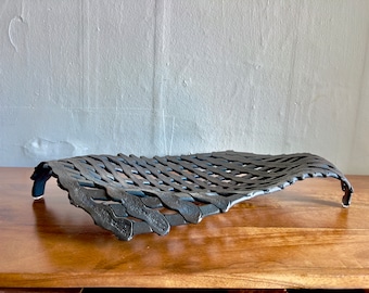 Brutalist Wrought Iron Console Dish, Bowl, Hand Forged, Waffle Pattern, Abstract