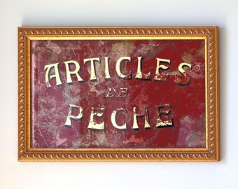 Antique Gold Leaf Reverse Painted French Fish Tackle Sign: Articles de Peche