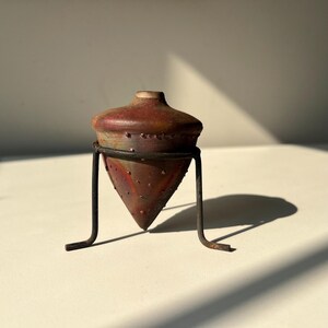 Vintage Raku Pottery Incense Holder with Iron Tripod Holder