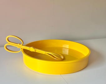 Vintage Dansk Designs Denmark Yellow Melamine Tray and Salad Tongs, Mid-Century Modern Retro Plastic
