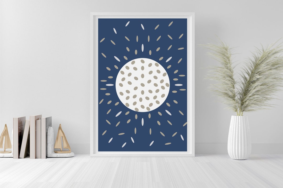 Bohemian Geometric Abstract Wall Art in Navy Blue, White, and Beige