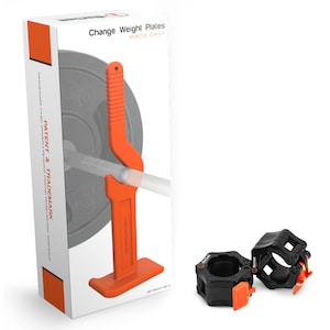May include: Orange and black weight plate collars for a barbell. The collars have a lever mechanism to secure the plates. The image also shows a box with a weight plate and a tool for changing weight plates.