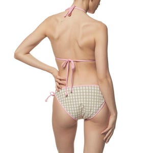Brown Gingham Bikini – Retro Cottagecore Swimwear with Pink Trim, Coquette Country Style, Adjustable Triangle Top & Tie Bottoms, S to 5XL