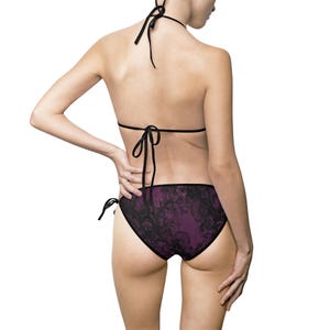 Dark Romantic Goth Lace Purple Bikini – Black Trim Triangle Top & Tie Bottoms, Retro Floral Noir Style, Sizes S to 5XL