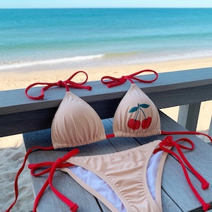 Cute Cherry Coquette Bikini Set Buttermilk Vanilla and Red Cottagecore Beachwear Tie-Up Halterneck Swimwear XS-2XL