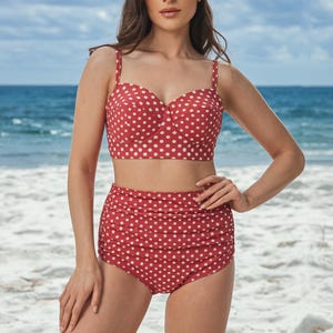 Vintage-Inspired High-Waisted Bikini Retro Ruched Pin Up Sweetheart Straps Two-Piece Swimsuit Cute Bathing Suit Many Sizes - Polka Dot