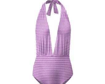 Vampire Art Retro Ladies Halter One Piece Swimsuit - Lilac Houndstooth