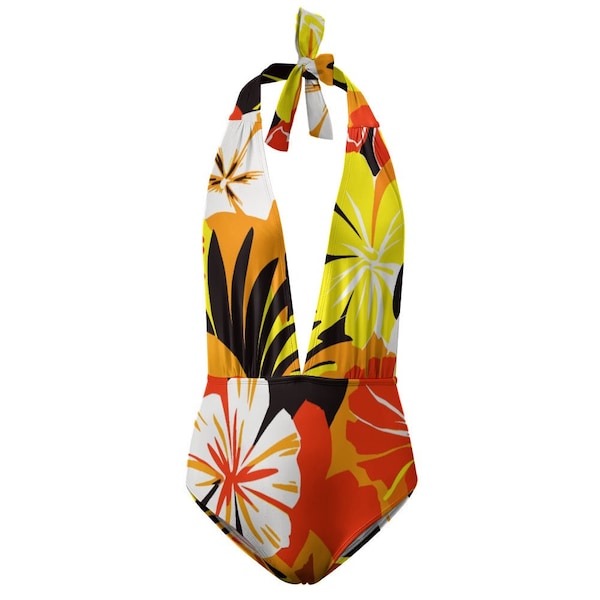 Vampire Art Retro Ladies Halter One Piece Swimsuit - Bold Sixties Florals in Yellow and Red