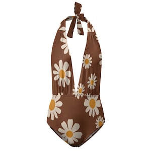 1970s Retro Halter Swimsuit – Deep V Neck One-Piece with Floral Print in Vintage-Inspired Colours - Daisies with Brown