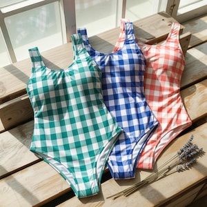 Retro Gingham Swimsuit Set – 3-Pack | Flattering Coquette Cottagecore One-Pieces | Emerald Green, French Blue, Coral Check | XS–4XL