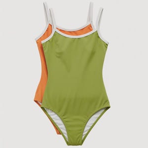 Retro 70s Swimsuit Bundle – Avocado Green & Tangerine Orange One-Piece | Contrast White Trim | Vintage California Surf | XS-5XL No Padding