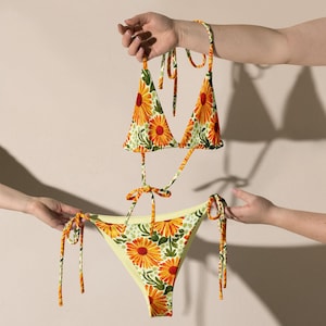Eco-Friendly 60&#39;s 70&#39;s Vintage-Inspired Floral Print String Bikini Retro Orange & Yellow Flowers Recycled Two-Piece Swimsuit UPF 50+, XS–6XL