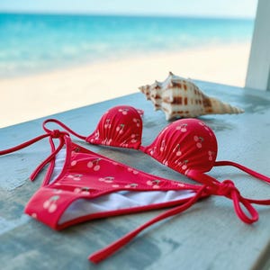 Cute Fiery Red Cherry Coquette Bikini Set Cottagecore Beachwear Tie-Up Halterneck Swimwear XS-2XL
