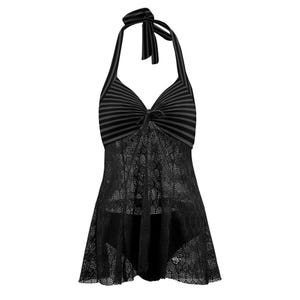 Vampire Art Goth Halter Two Piece Mesh Tankini Swimsuit - Charcoal and Black Stripes and More Striking Retro Patterns Monochromatic Dark