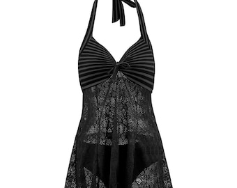 Vampire Art Goth Halter Two Piece Mesh Tankini Swimsuit - Charcoal and Black Stripes and More Striking Retro Patterns Monochromatic Dark
