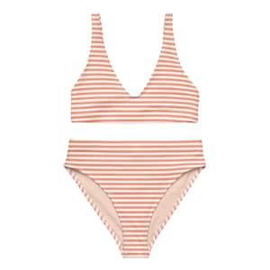 Classic Surf Striped Bikini Swimsuit – Coral Red Nautical Breton Stripes Retro High-Waisted Two-Piece, Chic Eco Recycled Swimwear XS-3XL