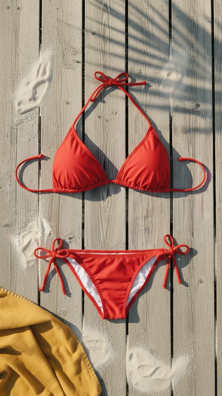 Spicy Red Triangle Bikini Set, Removable Pads, Adjustable Halter String ...