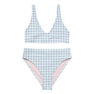 Powder Blue Gingham Bikini – Flattering Coquette Coastal Recycled Swimwear with Soft Pink Lining, Vintage Countryside Style