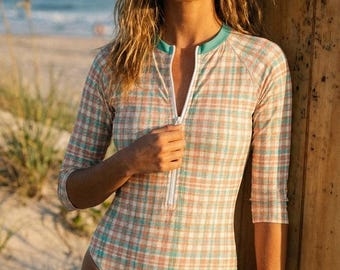 Plaid Surf Swimsuit, Zip Front, High Leg, Rash Guard