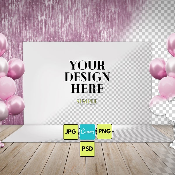 Backdrop, PSD, PNG Mockup, Party with Balloons Signage, Mock-Up Template, PSD, Canva Compatible, Balloon Template