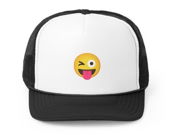 Smiley with Tongue Emoji Cap - Smiley Face with Tongue Out Emoji Hat - Adjustable Baseball Trucker Cap - Gift for Her Him - Trucker Caps