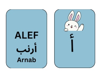 Arabiska Alfabetet Flash Cards - Arabiska Bokstäver - Lär dig Arabiska - Utskrivbara Arabiska - Arabiska Bokstäver för Barn och Vuxna - Dubbelsidiga