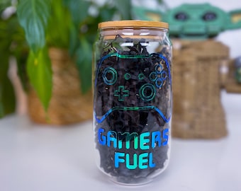 Gamers Fuel Glas; Glas mit Deckel und Strohhalm; Gamer Glas; Geschenk für Gamer