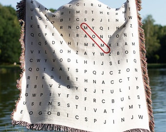 Personalized Puzzle Blanket, Housewarming Gift, Word Search Blanket, Customizable Family Gift, Cotton Wedding Anniversary Gift, Mom Gifts