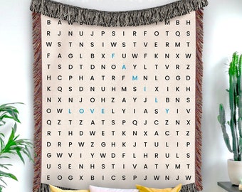 Personalized word search blanket, woven word search throw, word search throw, custom fun gift woven cotton blanket for mothers dad grand