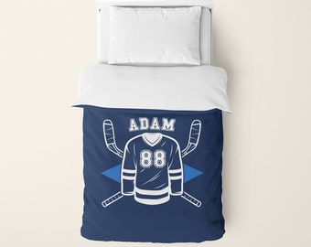 Hockey Duvet Cover, Personalized Hockey Gift for Son, Hockey Kid Decor Bedroom, Custom Name, Personalized Number, Blue Navy Kids Hockey