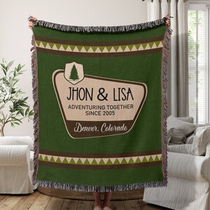 Personalized National Park Anniversary Cotton Woven Blanket, outdoor, camp gift, adventure, Wilde Life, Camp Road Trip, Adventuring Together. Some keywords that help more people find us: Campfire Blanket, Personalized Throw, and National Parks Gift.