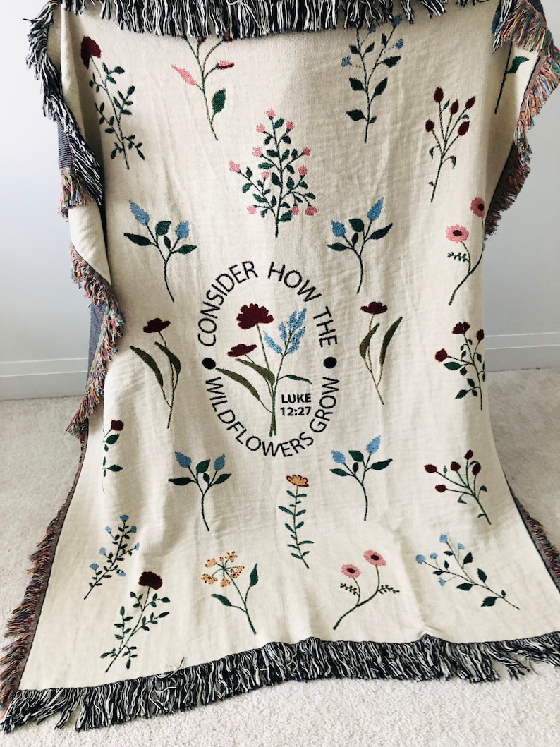 Christian Gift - Woven Blanket. Consider How The Wildflowers Grow Woven Throw Blanket, Floral, Bible Verse, Christian Tapestry, Scripture, Gift For Christian Blanket Friend. Gifts for Christian moms. Catholic Gifts For Women.  I love Jesus.