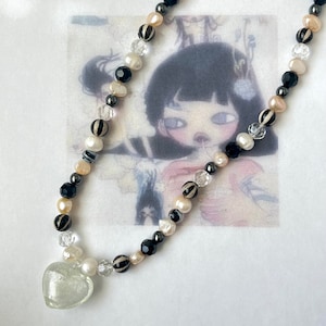 Black and White Beaded Necklace | Murano Glass | Heart Pendant | y2k