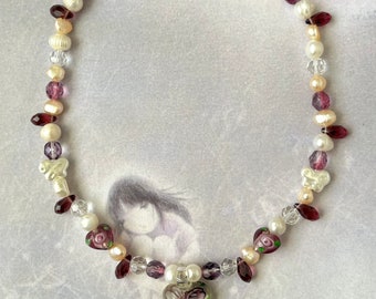 Purple Flower Beaded Glass Necklace | y2k | murano glass | whimsy goth | pearls