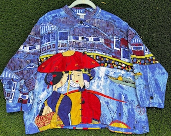 Chico's Design Silk Blouse Large Asian Print Geisha Artsy 90s 3/4 Sleeve