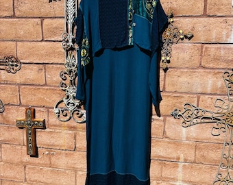 Vintage 80s/90s Artsy Beaded Maxi Dress – Lagenlook Boho Blue Green