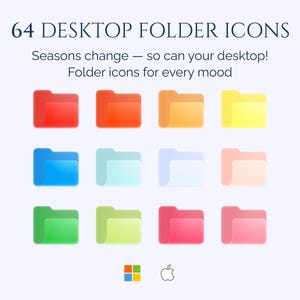May include: Image features 64 desktop folder icons in various colors, including red, orange, yellow, blue, green, and pink. The text reads "64 Desktop Folder Icons" and "Seasons change - so can your desktop! Folder icons for every mood."