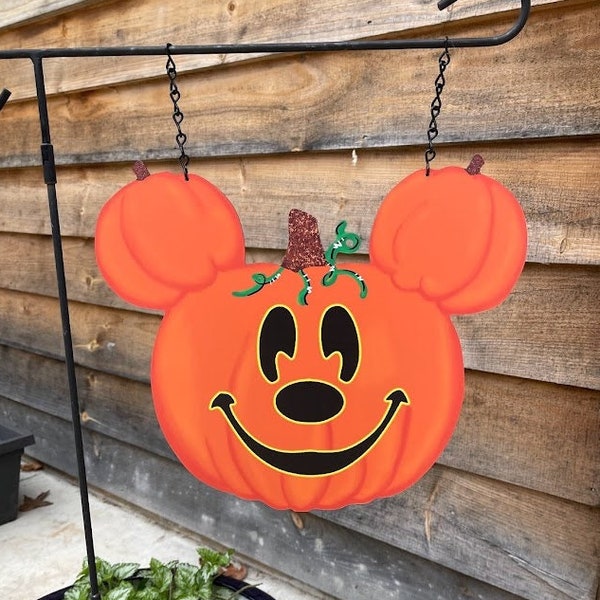 Mickey Halloween Garden Flag - Mickey Jack O Lantern Door Hanger - Mickey Pumpkin Sign for Inside or Outdoors - Add Yard Stakes - QUICK