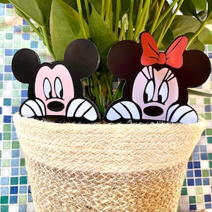 Peeking Mickey Mouse Planter Sign - Peeking Minnie Flower Pick - Mickey And Minnie Potted Plant Stakes - Choose Bow Color - Disney Gift