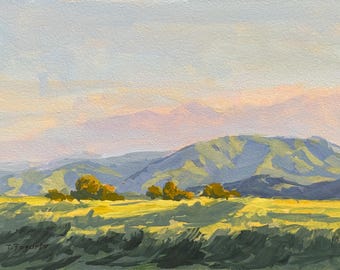 Origineel 5 x 7 inch gouacheschilderij 's middags licht op Temecula Hills