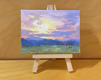 original oil miniature painting Sunset Over Mountains