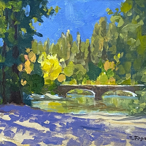 Original Oil painting Fall Colors at Ahwahnee Bridge Yosemite