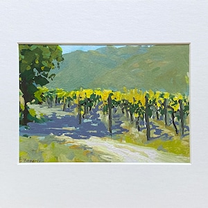 May include: A painting of a vineyard with rows of grapevines in the foreground. The vines are green and yellow, and the background is a green hillside. The painting is done in a loose, impressionistic style.