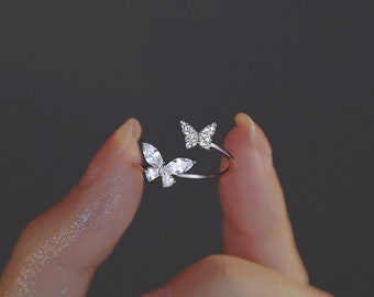 925 Silver Double Butterfly Ring Dainty Butterfly Ring Adjustable Silver Ring Delicate Butterfly Ring