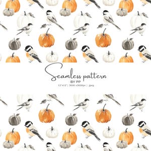 motif d'automne, oiseaux citrouilles, aquarelle d'automne, clipart mésange, motif d'action de grâces, citrouilles confortables, récolte sans couture, décoration d'automne, oiseau